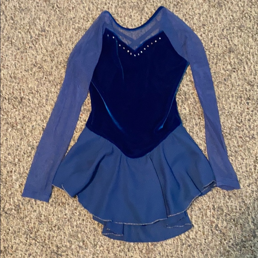 Blue figure skating dress w/ mesh sleeves & jewels